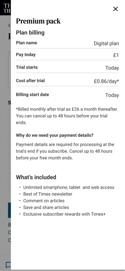 Subscription pricing and billing details previewed in a modal